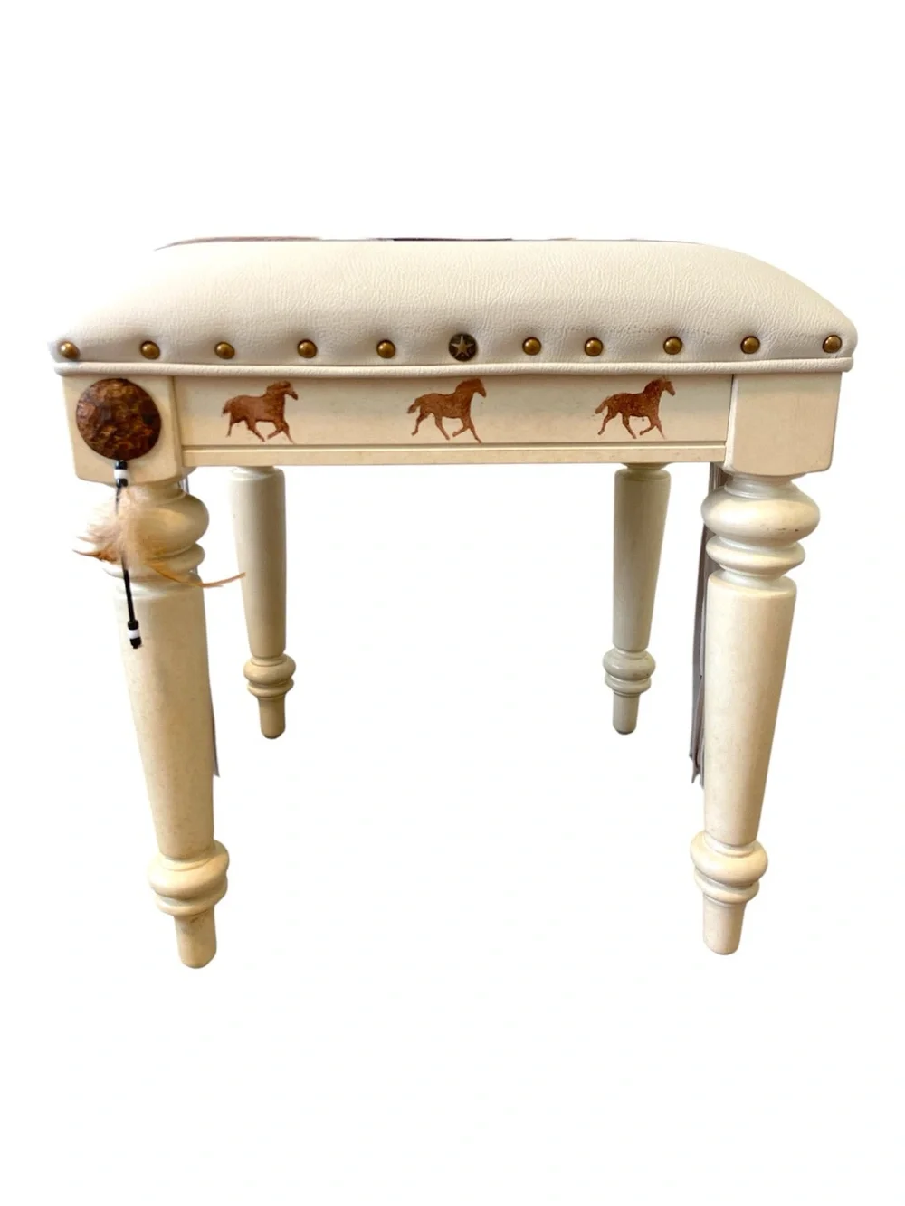 Rustic Western Vanity Stool Cowhide Leather Fringe Horse Accent Country Ottoman
